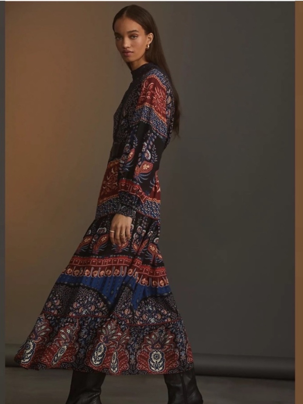 Lace-Yoke Boho Patchwork Tunic Dress in Black & Rust size Large - Picture 5 of 8